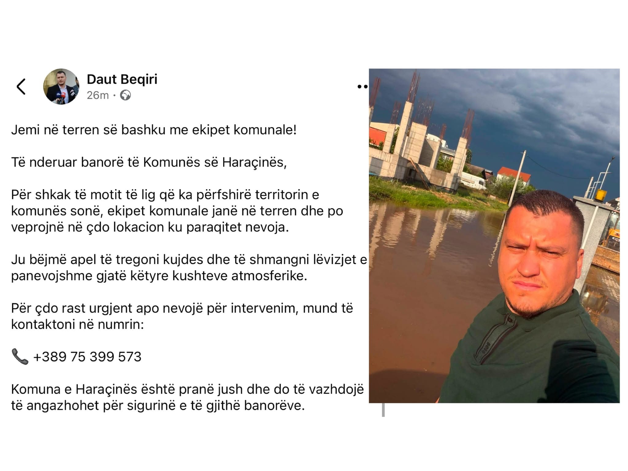 Daut Beqiri reagon menjëherë  i vetmi kryetar komune që doli në terren gjatë stuhisë