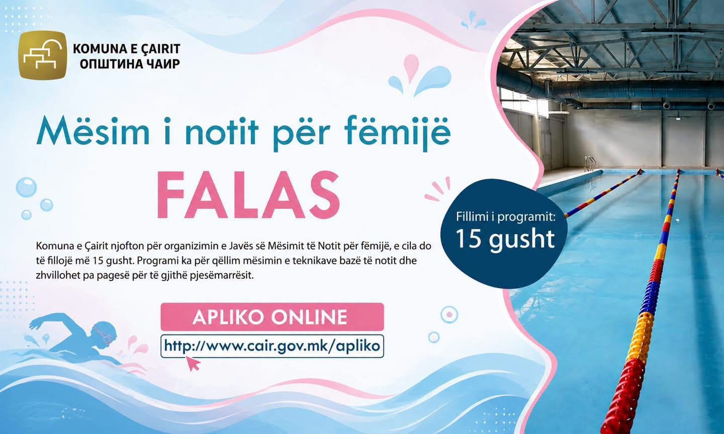 Çairi organizon mësim falas të notit për fëmijët  aplikimet janë të hapura